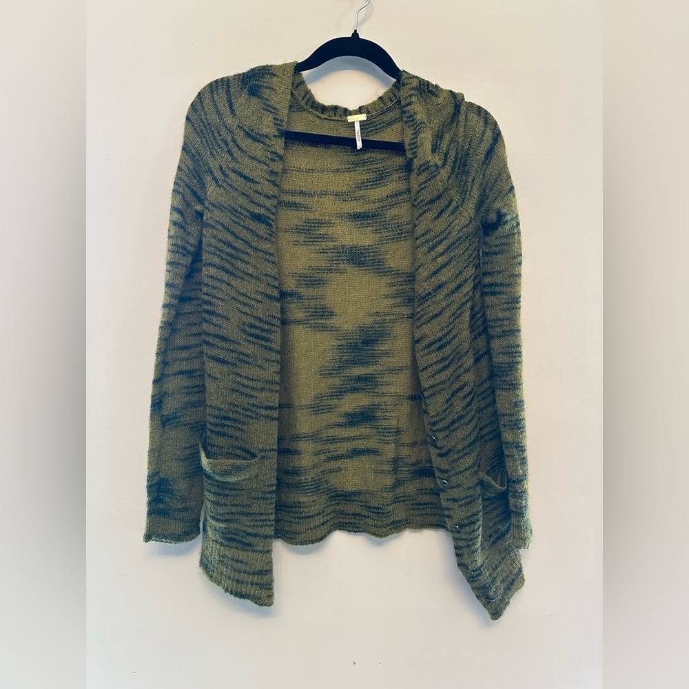 FP Beach Olive Green and Black Patterned Cardigan Sweater-Small